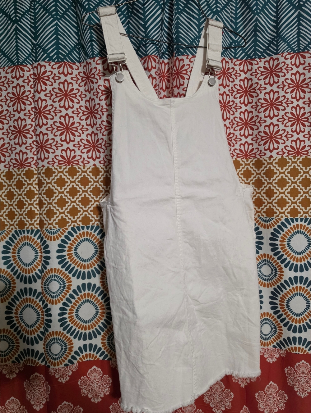 White Denim Overall Dress Raw Hem Pockets Adjustible Straps Large Preloved